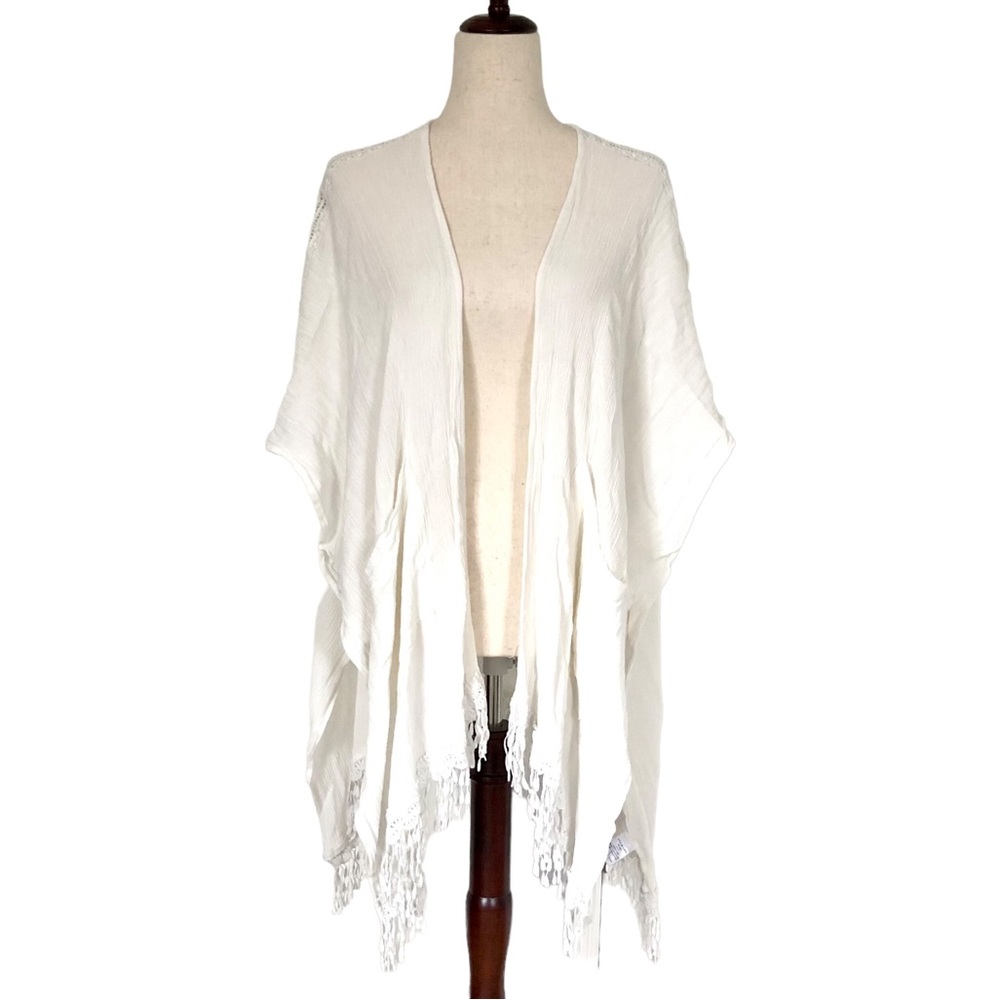Gigio USA Maternity Short Sleeve Fringe Pocket Kimono Cardigan, Cream Size Large